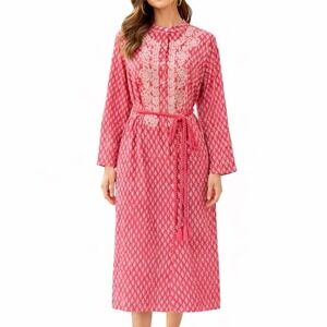 Ex Voto Ivy Caftan‎ Raspberry Block Print Embroidered Rope Belt Midi Medium NWT